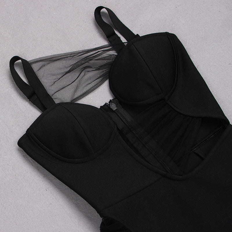 Draped Mesh Bustier Maxi Dress Black
