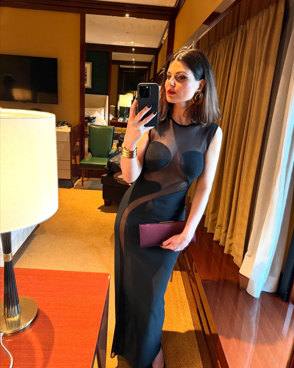 Sleeveless Mesh Insert Maxi Dress Black