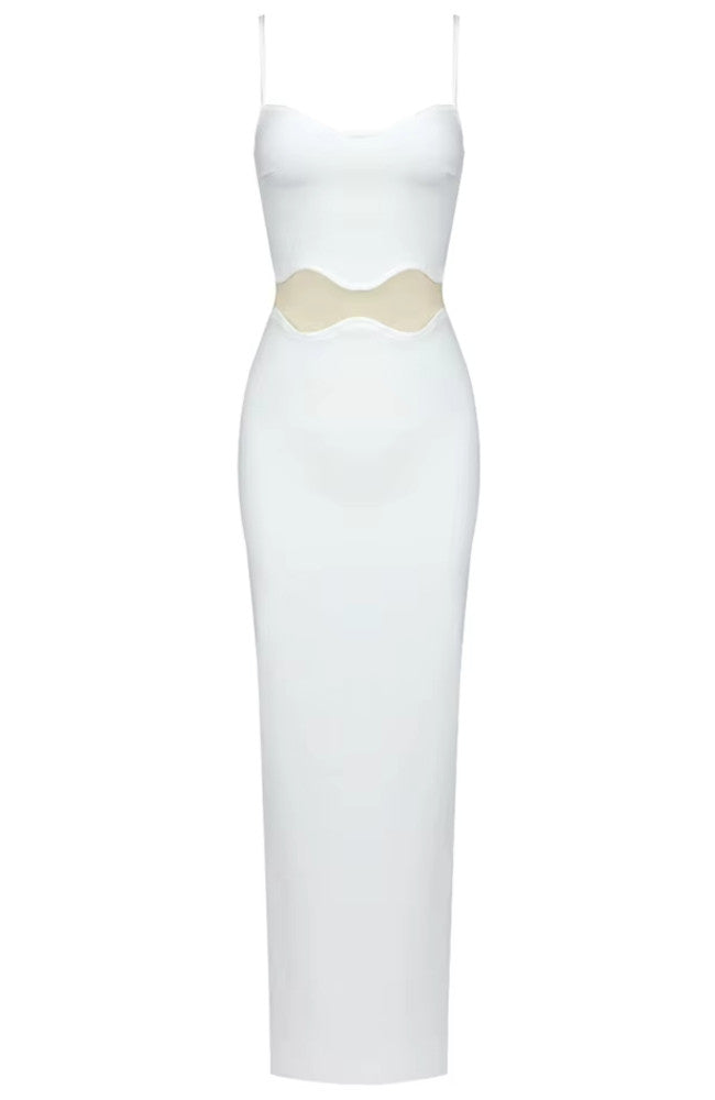 Wavy Mesh Insert Maxi Dress White