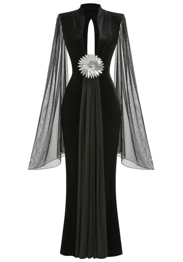 Mesh Sleeves Maxi Velvet Dress Black