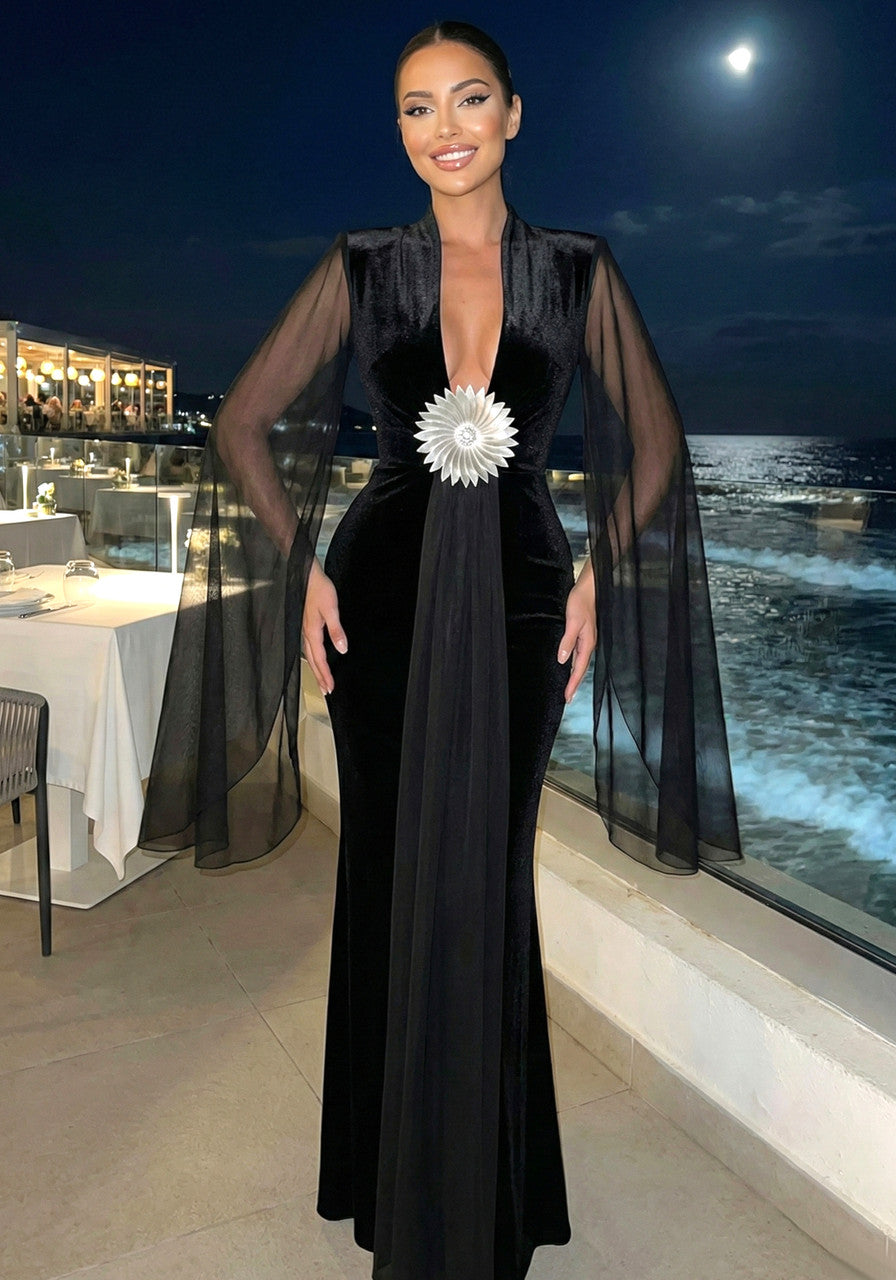 Mesh Sleeves Maxi Velvet Dress Black