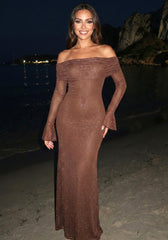 Long Sleeve Sparkly Bardot Maxi Dress Brown