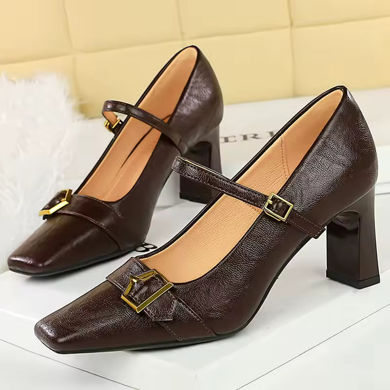 Metal Belt Buckle Square Head Shallow High Heels Pumps