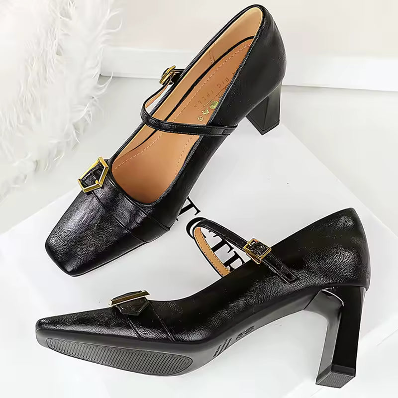 Metal Belt Buckle Square Head Shallow High Heels Pumps
