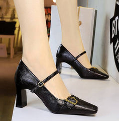Metal Belt Buckle Square Head Shallow High Heels Pumps