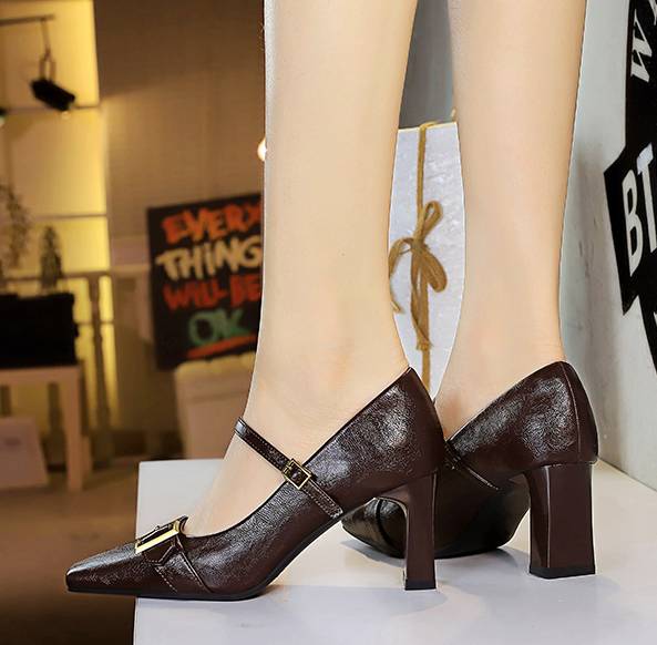 Metal Belt Buckle Square Head Shallow High Heels Pumps