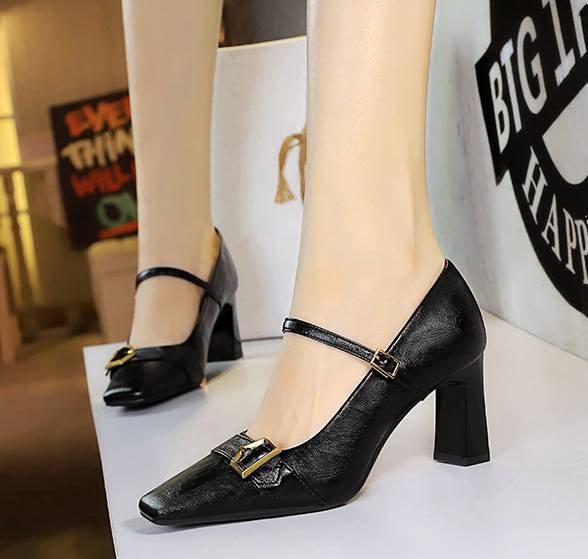 Metal Belt Buckle Square Head Shallow High Heels Pumps