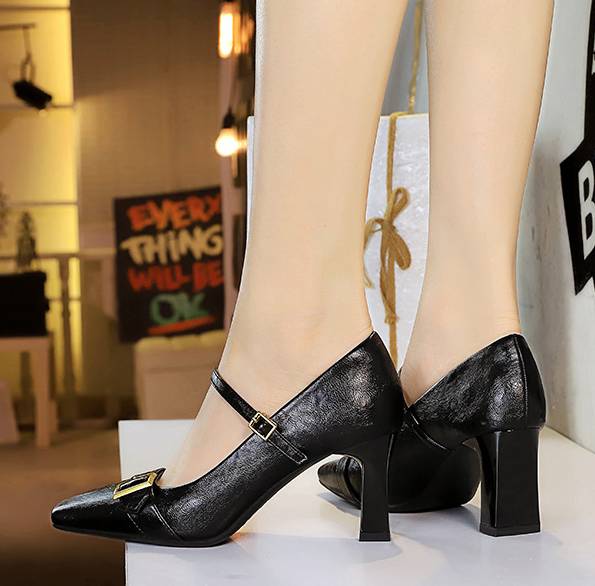 Metal Belt Buckle Square Head Shallow High Heels Pumps