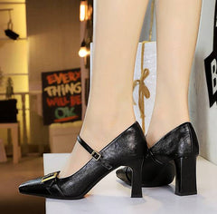 Metal Belt Buckle Square Head Shallow High Heels Pumps