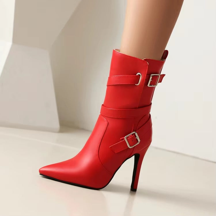 Metal Buckle Pointed  Matte Leather Side Zipper High-heeled Ankle Shoes