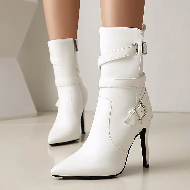 Metal Buckle Pointed  Matte Leather Side Zipper High-heeled Ankle Shoes