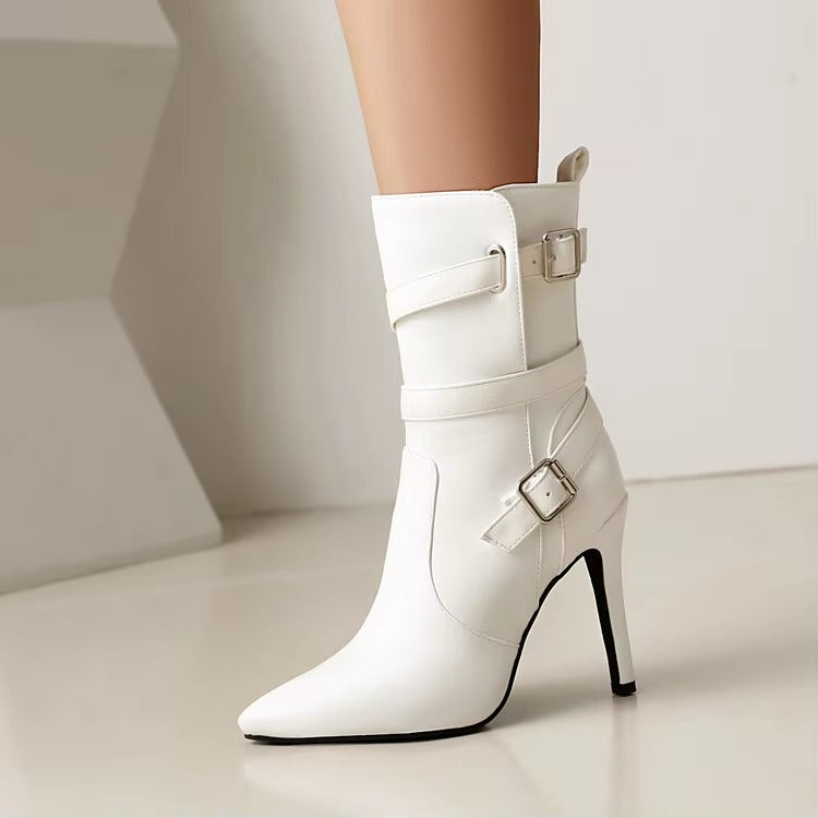 Metal Buckle Pointed  Matte Leather Side Zipper High-heeled Ankle Shoes