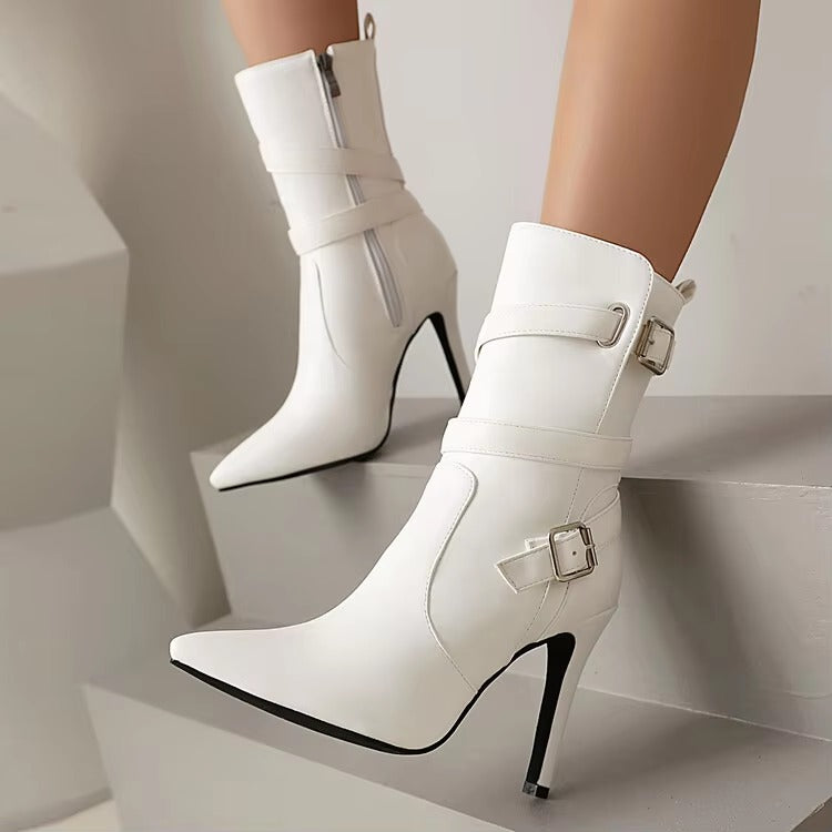 Metal Buckle Pointed  Matte Leather Side Zipper High-heeled Ankle Shoes