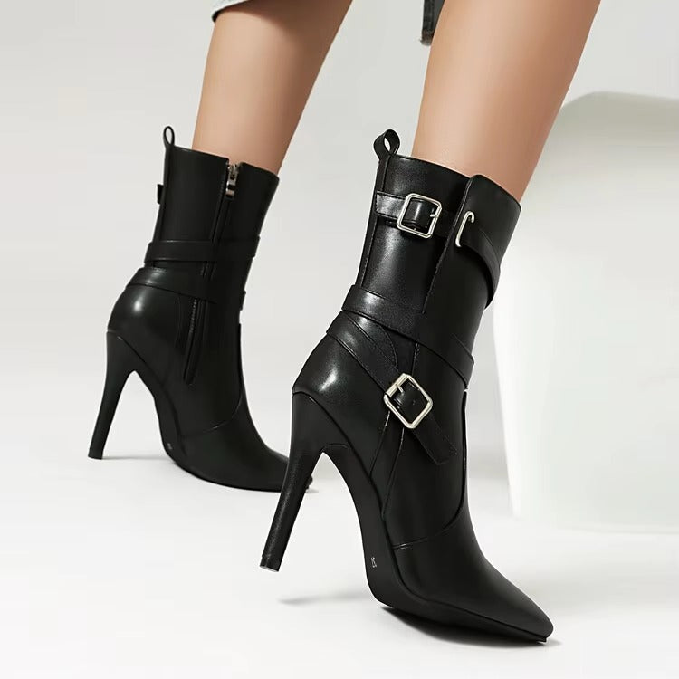Metal Buckle Pointed  Matte Leather Side Zipper High-heeled Ankle Shoes