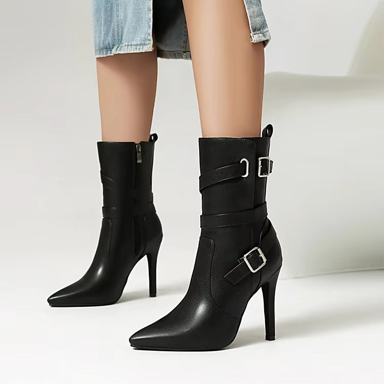 Metal Buckle Pointed  Matte Leather Side Zipper High-heeled Ankle Shoes