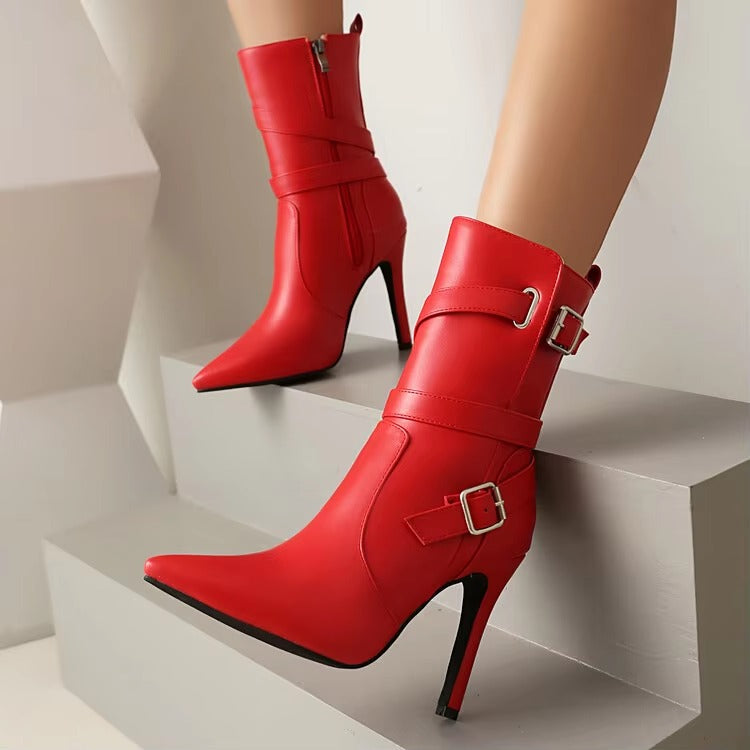 Metal Buckle Pointed  Matte Leather Side Zipper High-heeled Ankle Shoes