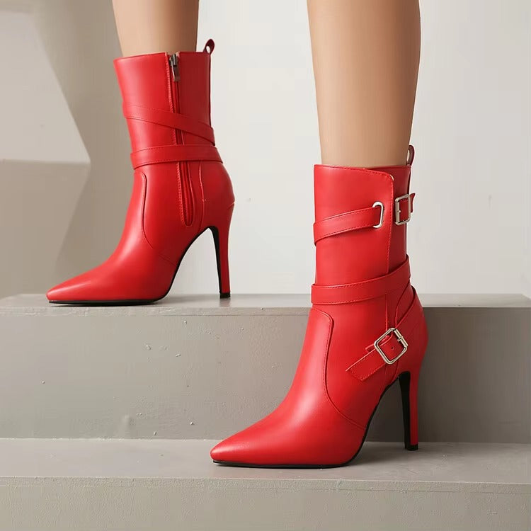 Metal Buckle Pointed  Matte Leather Side Zipper High-heeled Ankle Shoes