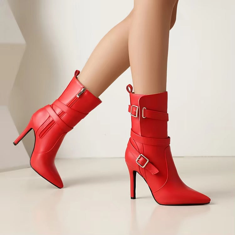 Metal Buckle Pointed  Matte Leather Side Zipper High-heeled Ankle Shoes