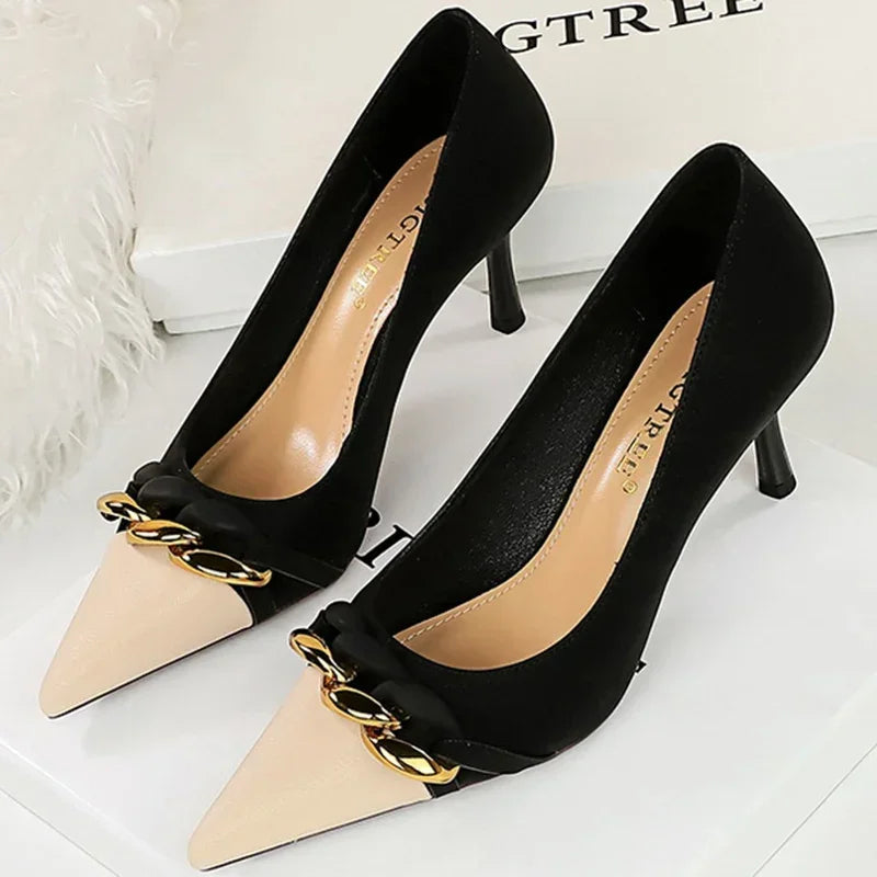 Metal Chain Banquet Pumps Pointed Toe Low Heels Formal Occasion Prom Shoes