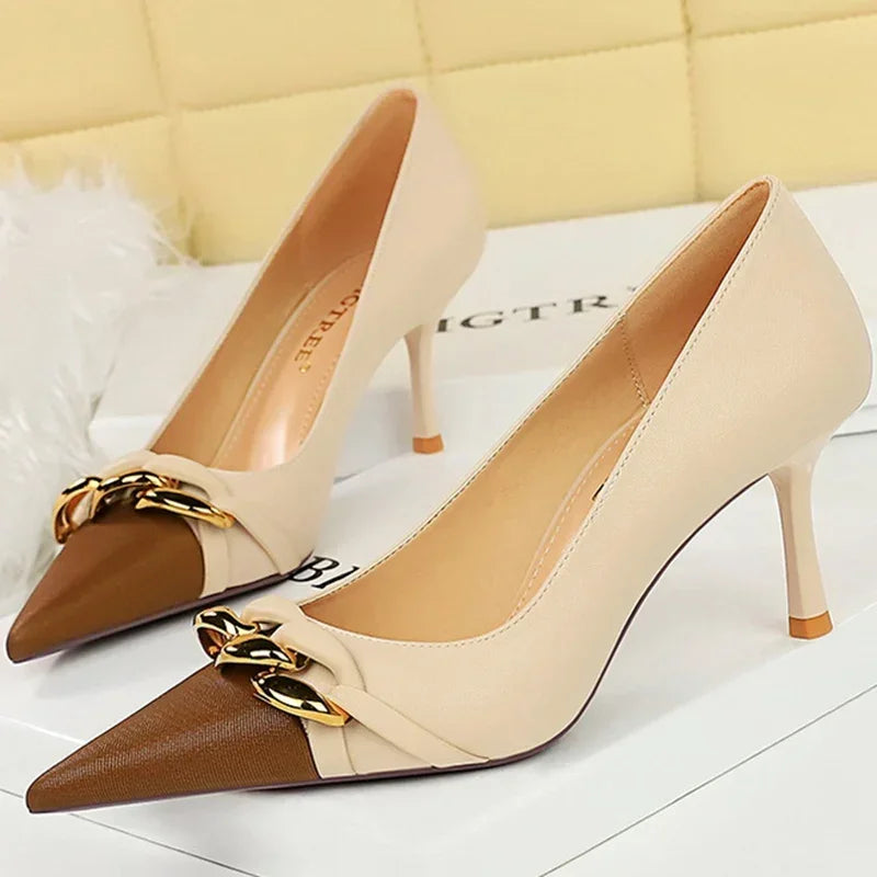Metal Chain Banquet Pumps Pointed Toe Low Heels Formal Occasion Prom Shoes