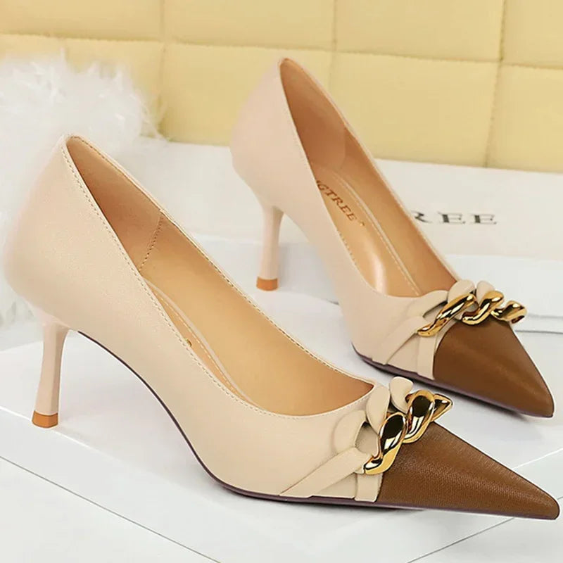 Metal Chain Banquet Pumps Pointed Toe Low Heels Formal Occasion Prom Shoes