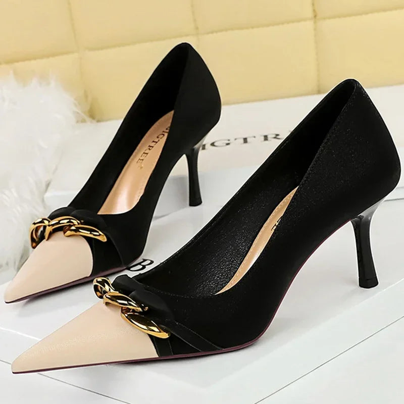 Metal Chain Banquet Pumps Pointed Toe Low Heels Formal Occasion Prom Shoes