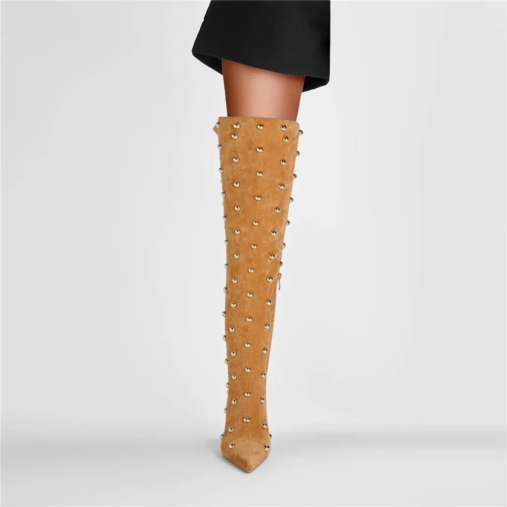 Metal Rivet Microfiber SLIP-ON Pointed Toe Super High Thin Heels Over The Knee Boots