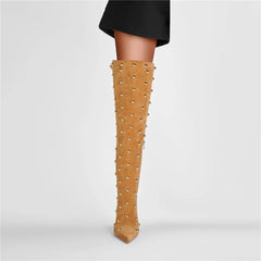Metal Rivet Microfiber SLIP-ON Pointed Toe Super High Thin Heels Over The Knee Boots