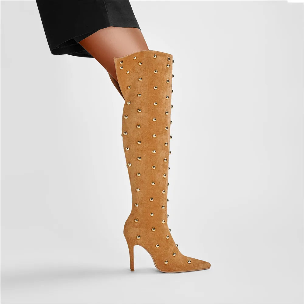Metal Rivet Microfiber SLIP-ON Pointed Toe Super High Thin Heels Over The Knee Boots