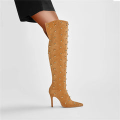 Metal Rivet Microfiber SLIP-ON Pointed Toe Super High Thin Heels Over The Knee Boots