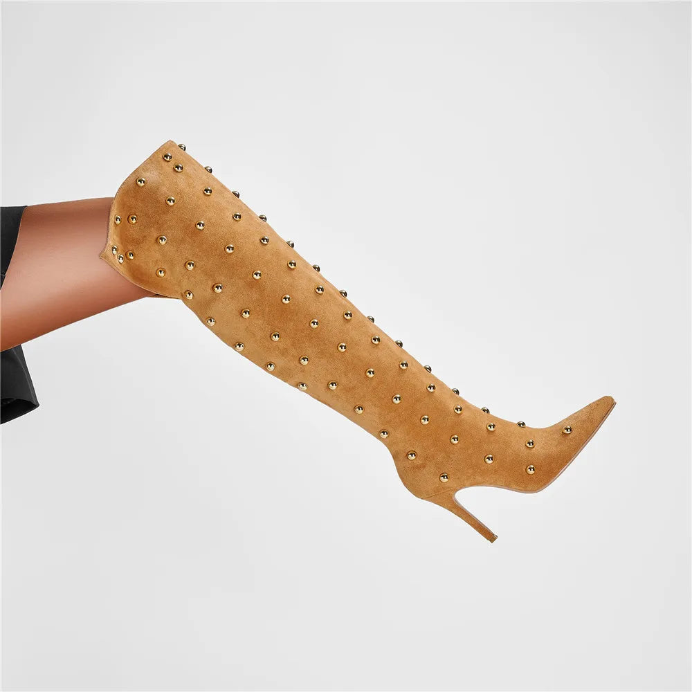 Metal Rivet Microfiber SLIP-ON Pointed Toe Super High Thin Heels Over The Knee Boots