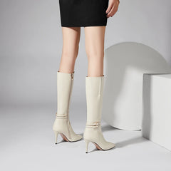 Metal belt pointed leather buckle with side zipper knight high heels boots