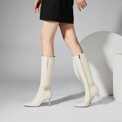Metal belt pointed leather buckle with side zipper knight high heels boots