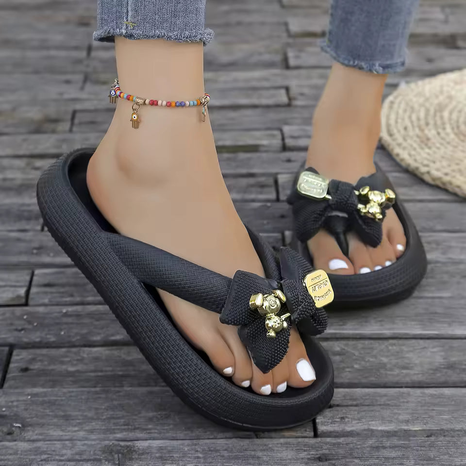 Sweet Metallic Teddy Bear Bow Slide Multi-Color Beach Style Flip Flops Slippers