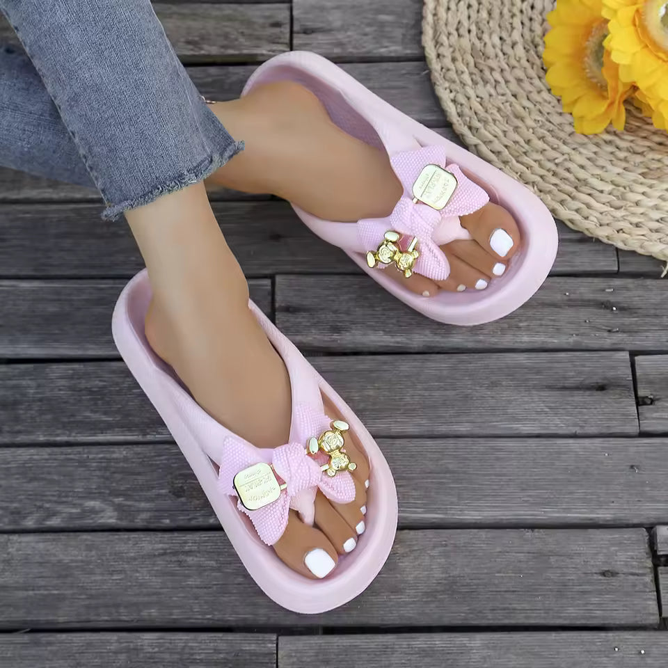 Sweet Metallic Teddy Bear Bow Slide Multi-Color Beach Style Flip Flops Slippers