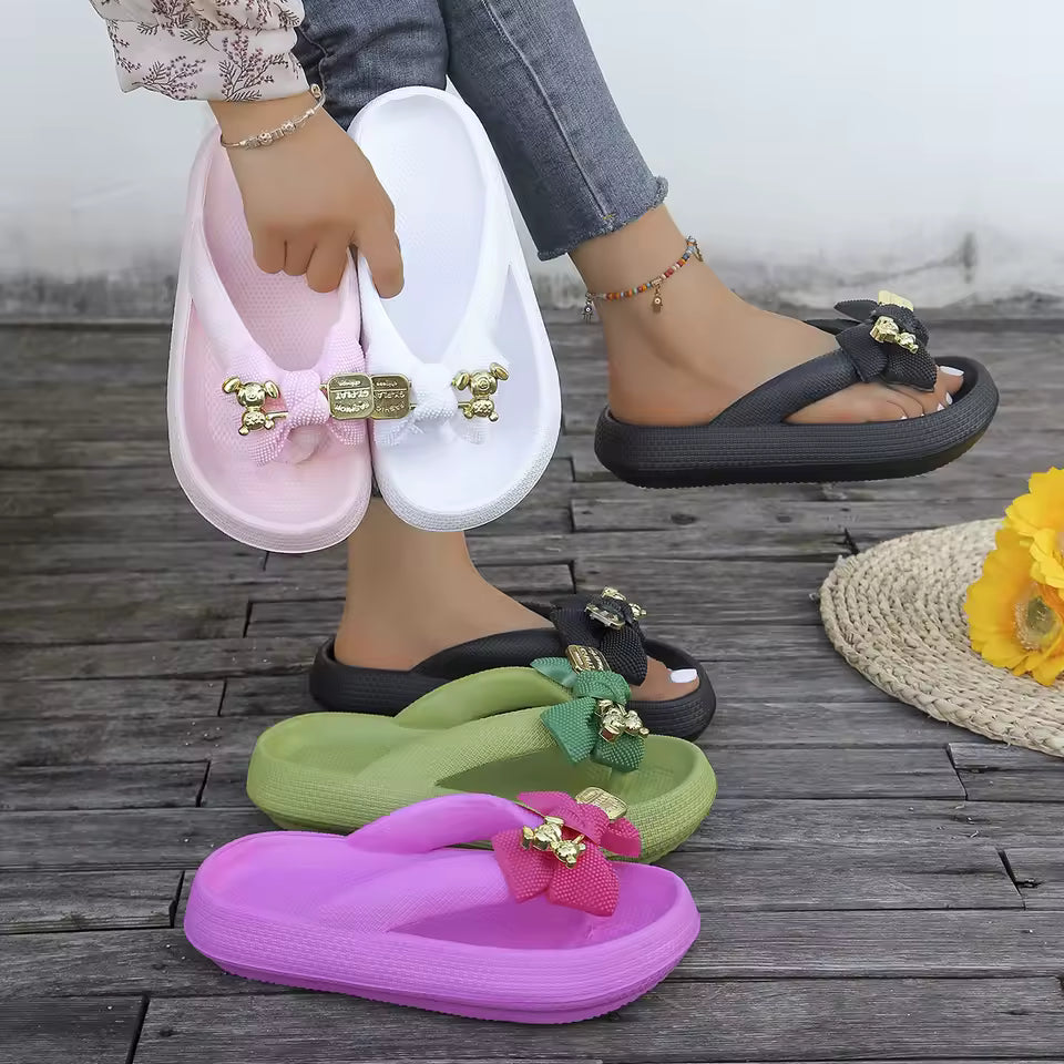 Sweet Metallic Teddy Bear Bow Slide Multi-Color Beach Style Flip Flops Slippers