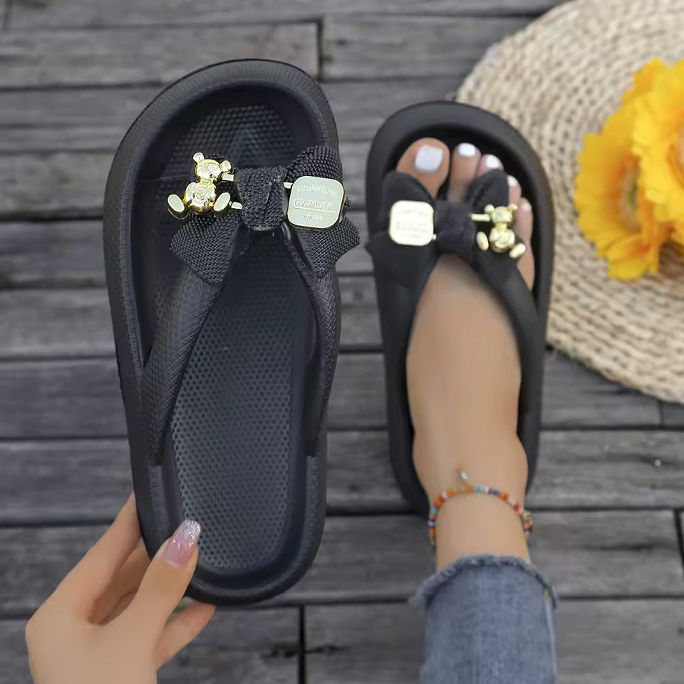 Sweet Metallic Teddy Bear Bow Slide Multi-Color Beach Style Flip Flops Slippers
