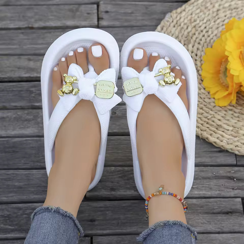 Sweet Metallic Teddy Bear Bow Slide Multi-Color Beach Style Flip Flops Slippers