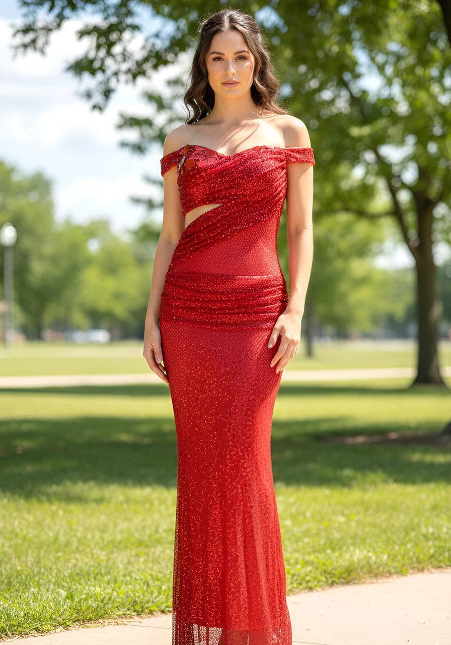 Mirrored Bardot Sparkly Draped Maxi Dress Red