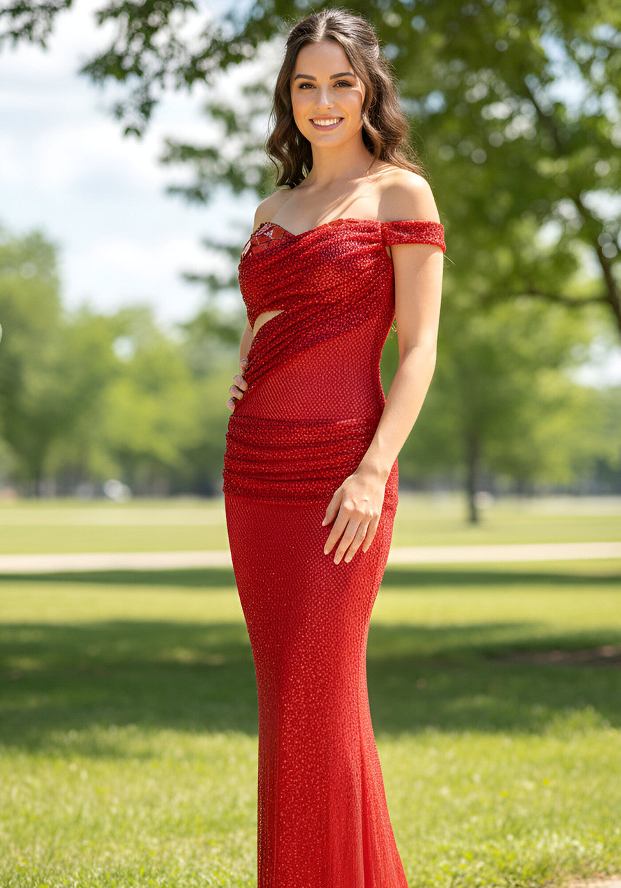 Mirrored Bardot Sparkly Draped Maxi Dress Red
