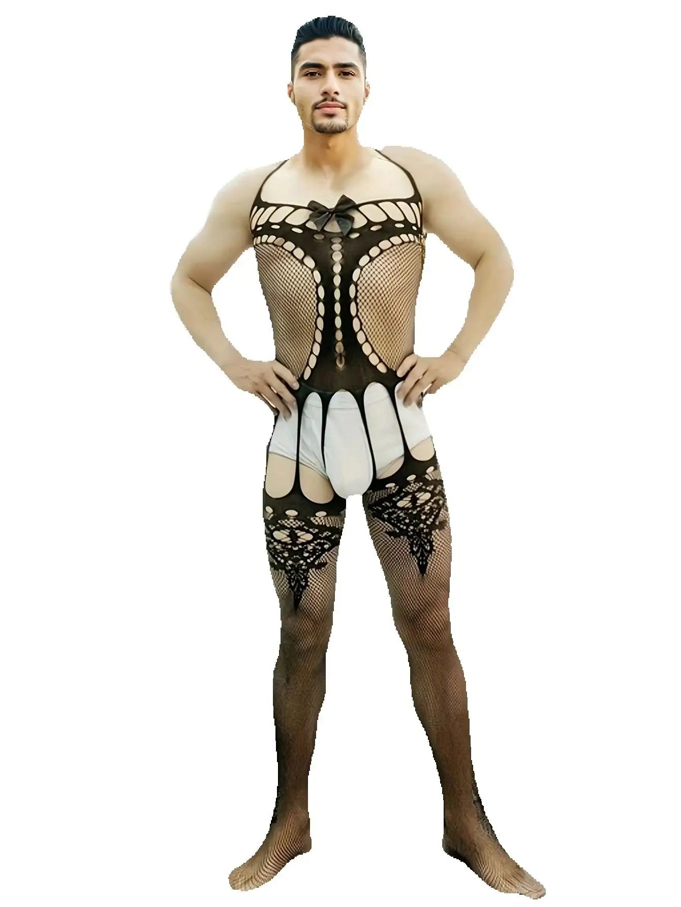 Muscular Men Tempting One-Piece Socks Hanging Neck Tassel Net Clothes Full-Open Nightgown Sleepwear Lingerie