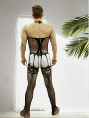Muscular Men Tempting One-Piece Socks Hanging Neck Tassel Net Clothes Full-Open Nightgown Sleepwear Lingerie