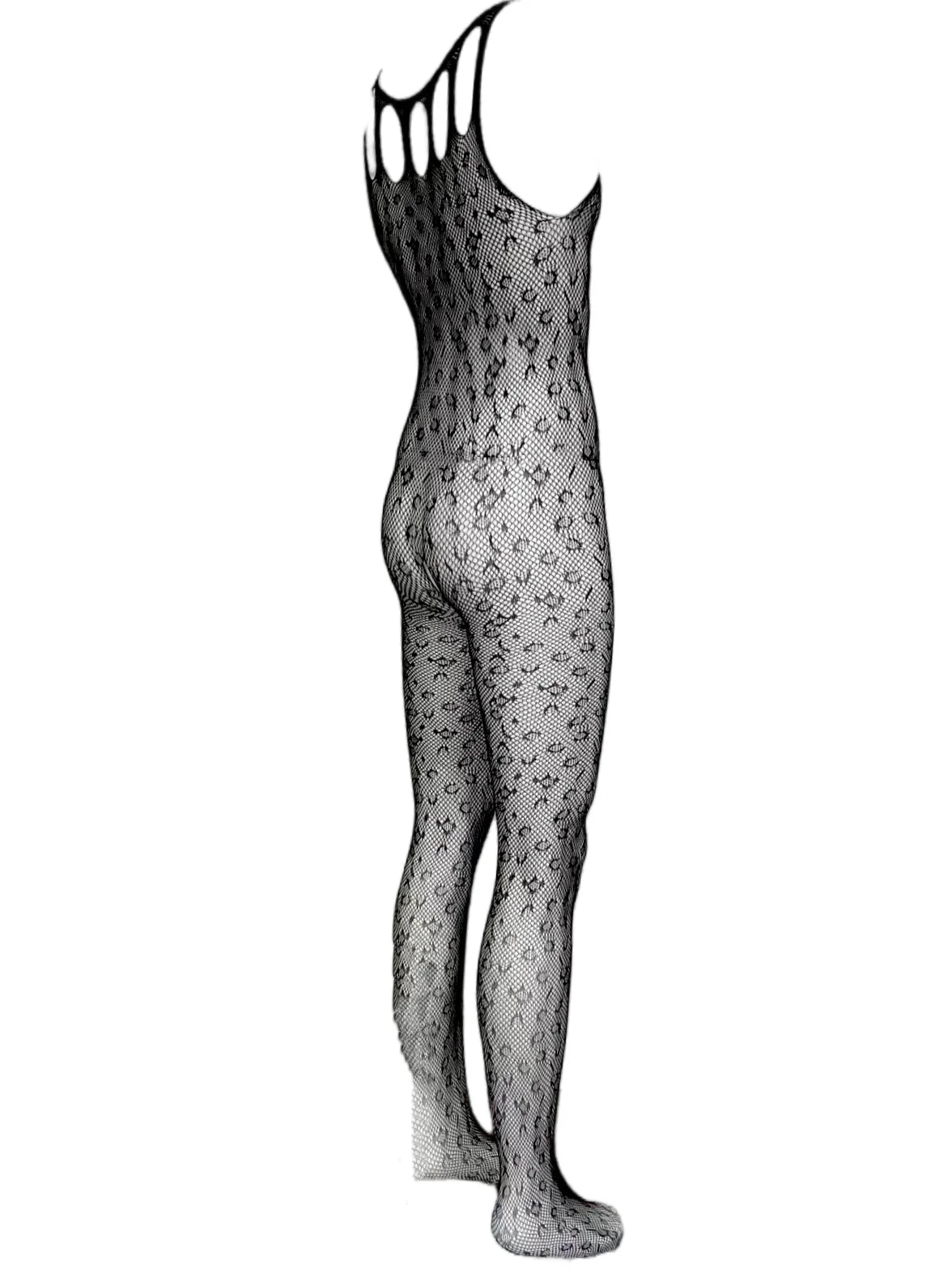 Muscular Men's Leopard Print See-through Crotchless Onesie Net Nightwear Sensual Animal Print Sleepwear