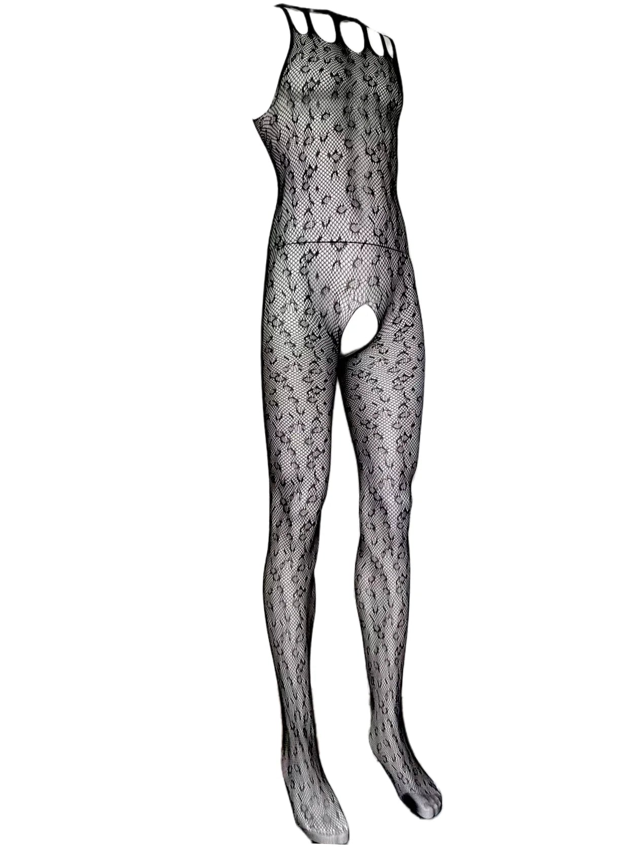 Muscular Men's Leopard Print See-through Crotchless Onesie Net Nightwear Sensual Animal Print Sleepwear