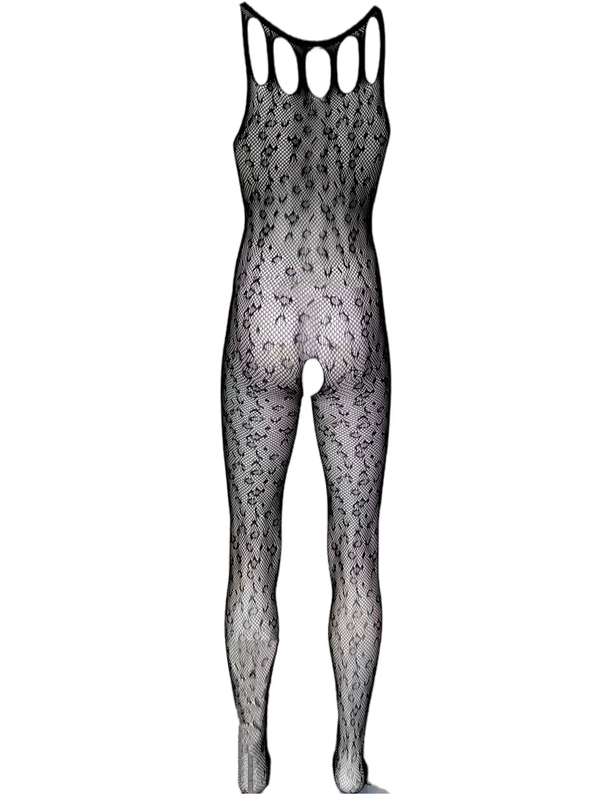 Muscular Men's Leopard Print See-through Crotchless Onesie Net Nightwear Sensual Animal Print Sleepwear