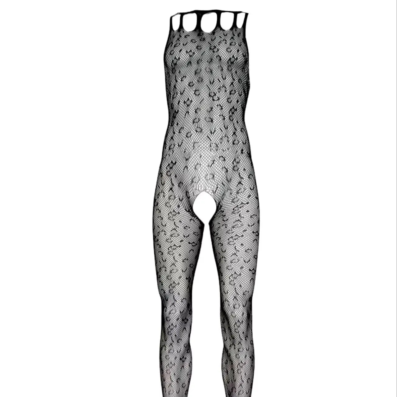 Muscular Men's Leopard Print See-through Crotchless Onesie Net Nightwear Sensual Animal Print Sleepwear