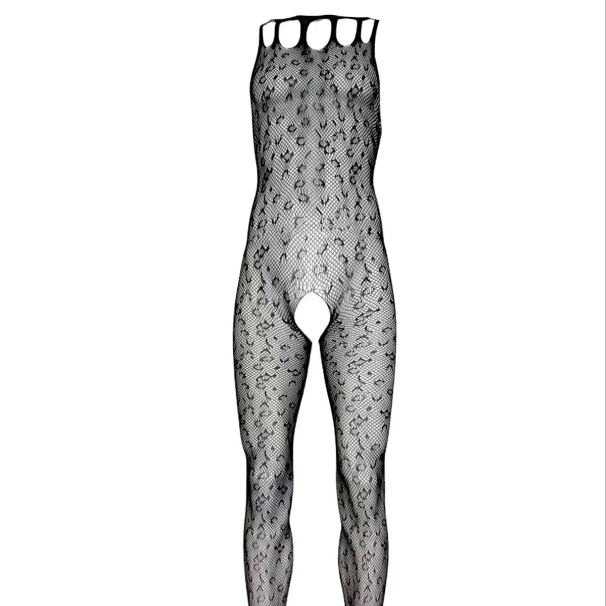 Muscular Men's Leopard Print See-through Crotchless Onesie Net Nightwear Sensual Animal Print Sleepwear