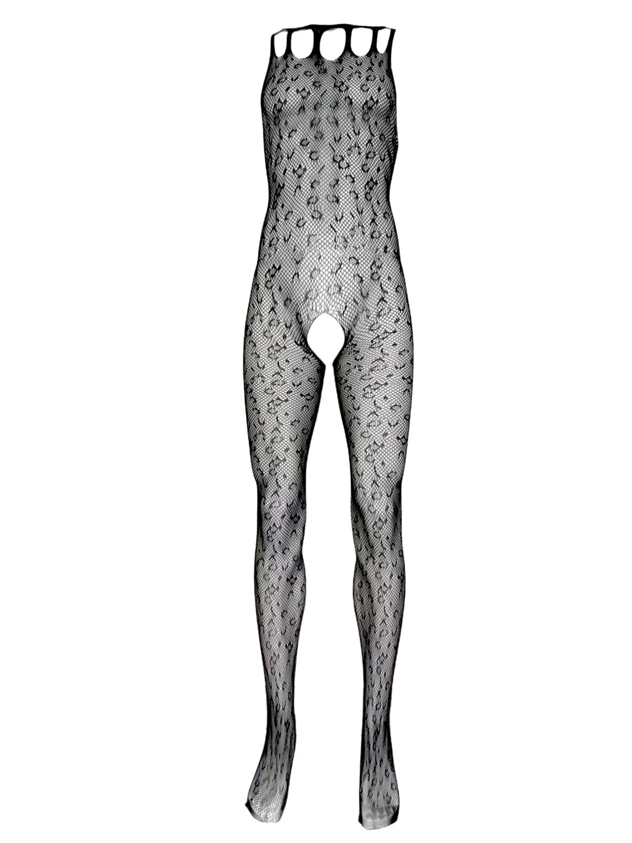 Muscular Men's Leopard Print See-through Crotchless Onesie Net Nightwear Sensual Animal Print Sleepwear