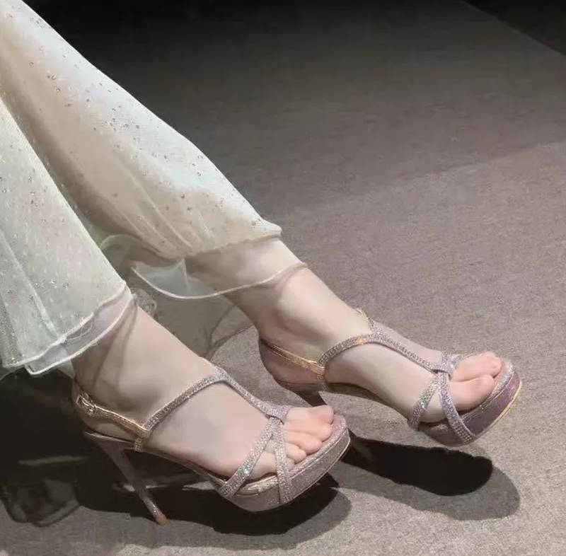 Narrow Band Bling Bling Sequined Crystal Platform Wedges Gladiator Sandals