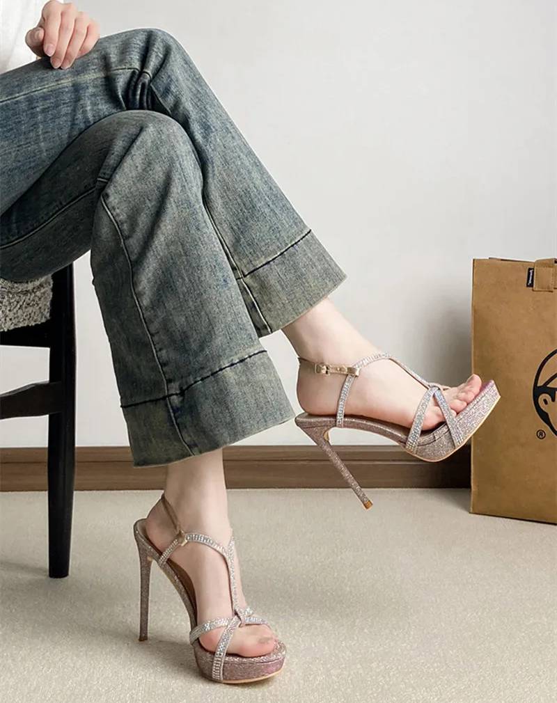 Narrow Band Bling Bling Sequined Crystal Platform Wedges Gladiator Sandals